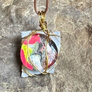 Handcrafted Gold Wire Wrapped Abstract Art Glass Pendant 2204